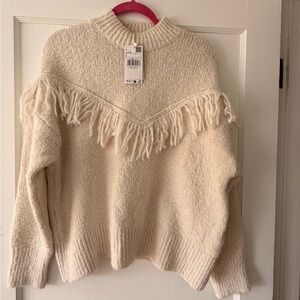 Mango Cream Turtleneck Sweater with Fringe